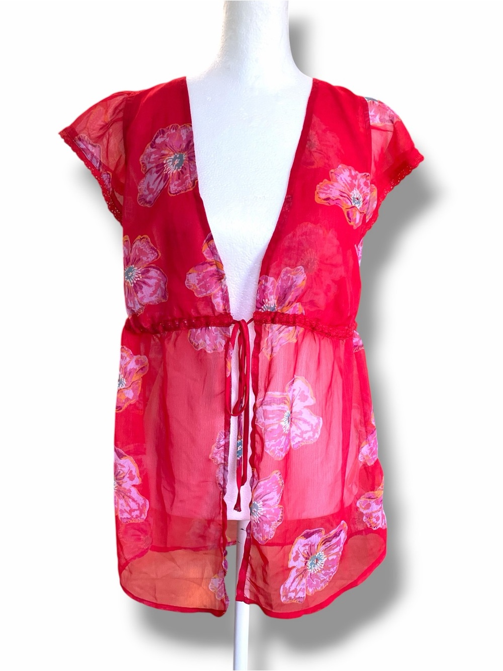 NWOT Free People Cecile Printed Sheer Floral Tie Front Top Red Pink Size Small - Picture 2 of 14